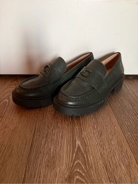 Women's Dark Green Coach Platform Leather Loafers US6